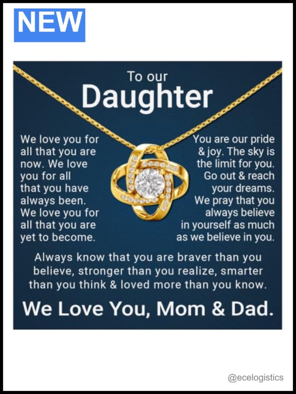 Love Knot Pendant Necklace 18K Yellow Gold Plated Stainless Steel CZ Daughter